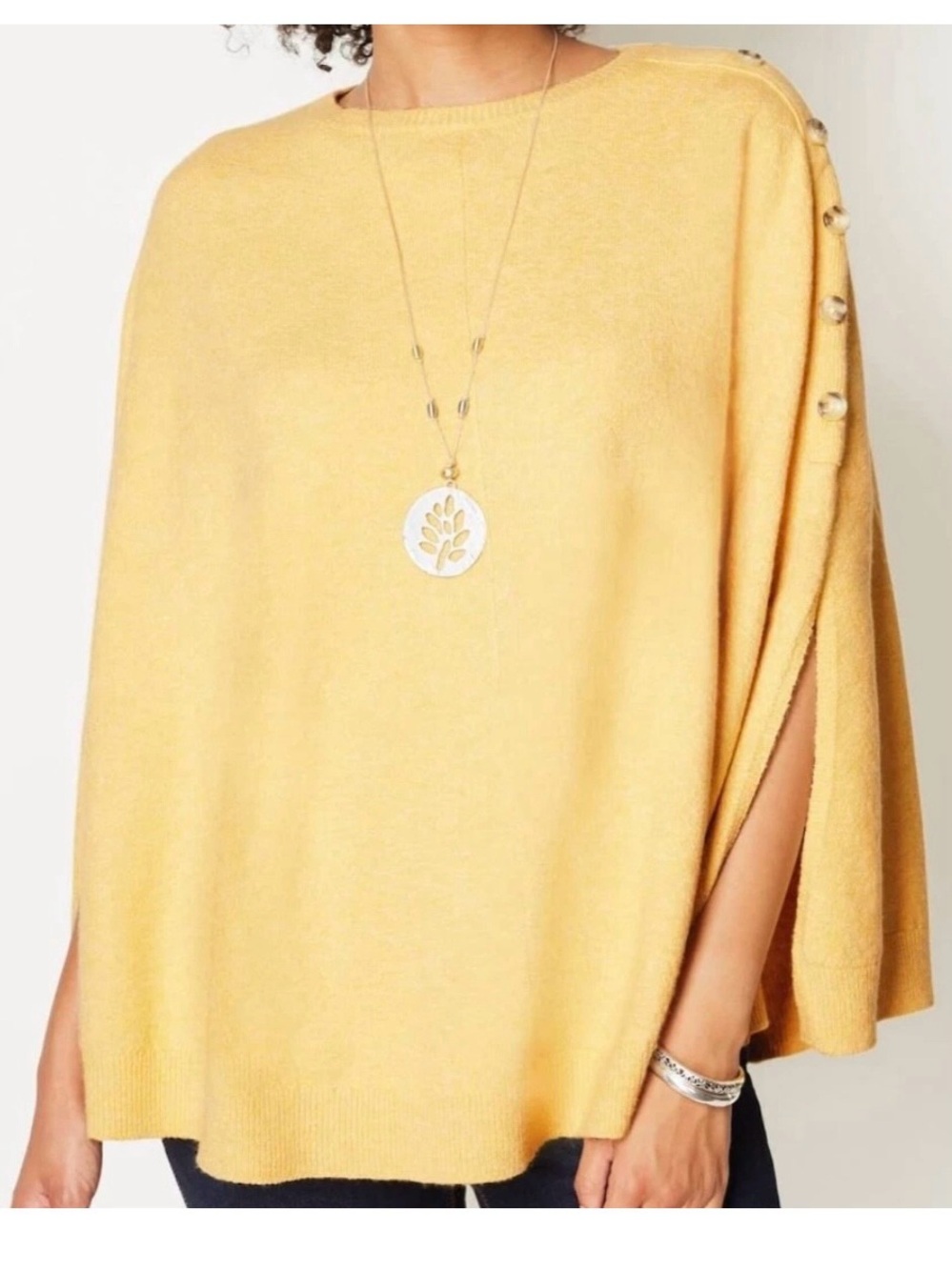 J. Jill Cotton-Blend Yellow Sweater Knit Cape Poncho with Buttons Size One Size